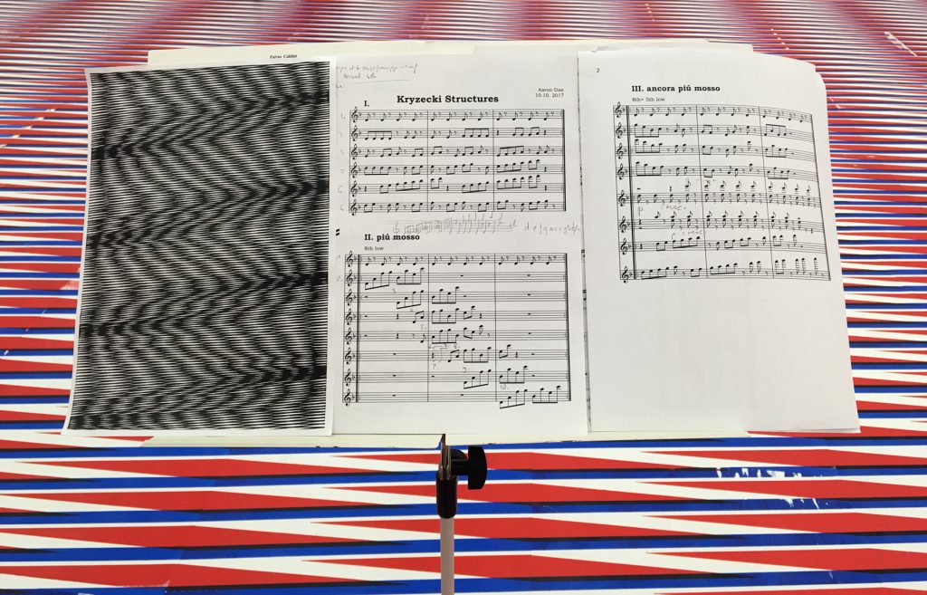 Der Musiker und Komponist Aaron Dan transformiert eine Zeichnung von Caroline Kryzecki in ein Musikstück. Das Stück für Flöte und Loop Machine heißt Kryzecki Structures. Aaron Dan hat das Stück in Kryzeckis Ausstellung Come out (to show them) in der Galerie Sexauer uraufgeführt.